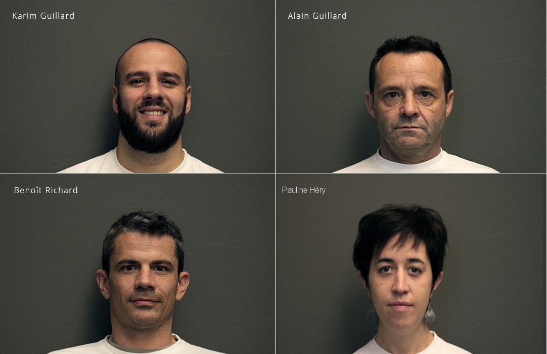 Coach portrait board showing Karim Guillard, Alain Guillard, Benoît Richard, and Pauline Héry